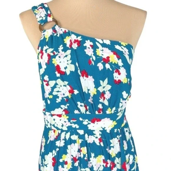 Anthropologie One‎ Shoulder Floral Maxi Dress Teal Ring Strap Petite 12P NWT - Picture 5 of 15